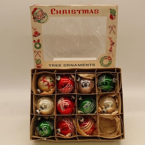 Vintage Christmas Tree Ornament Shiny Brite Radio Deer Kissing Flocked Glass, Set of 11 in Santa Box 1950&#39;s (S2146)