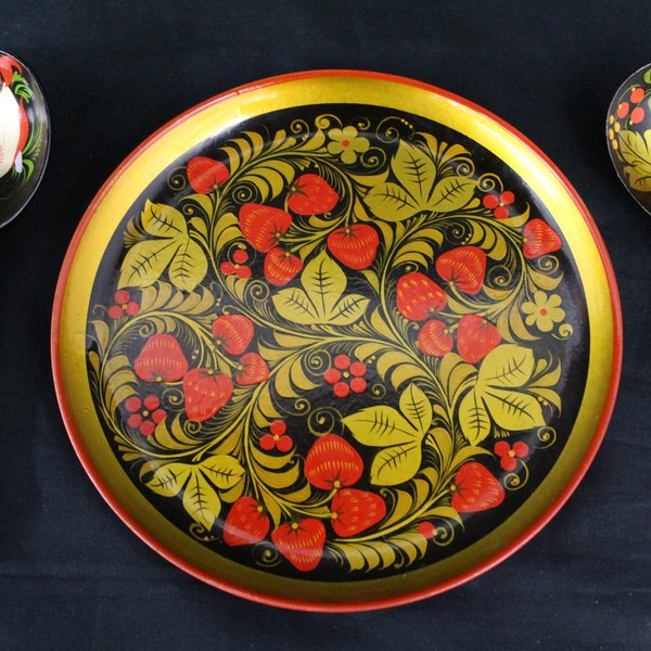 Vintage Khokhloma Soviet Hand Painted Lacquerware Plastic Plate & 2 Wooden Spoons (V2970)