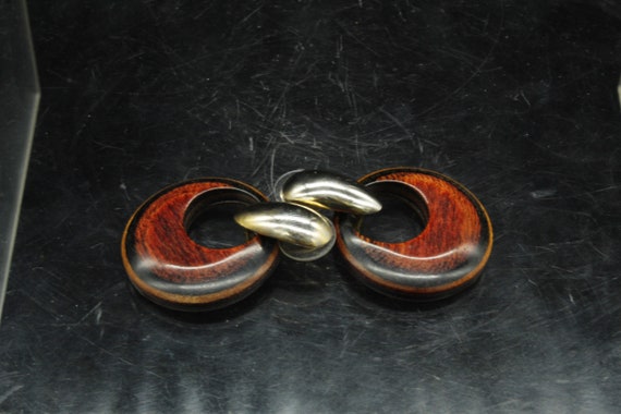 Vintage Wood Lacquered Circle Post Clip Earrings … - image 4