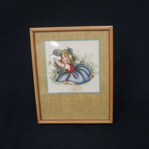 Vintage Square Print Girl with Flower and Lamb on Woven Mat (V5168)