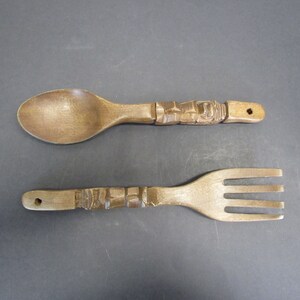 Vintage Carved Wood Tiki God Spoon and Fork Salad Serving Set (E11850)
