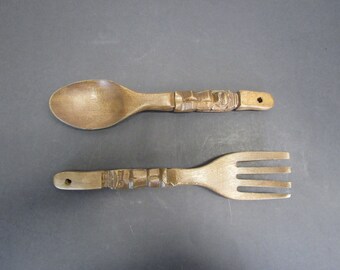 Vintage Carved Wood Tiki God Spoon and Fork Salad Serving Set (E11850)