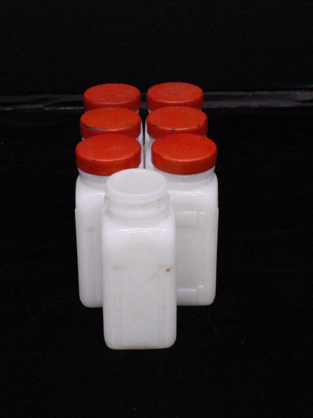 Vintage Griff Milk Glass Spice Jars 1940s Set of Seven With Red