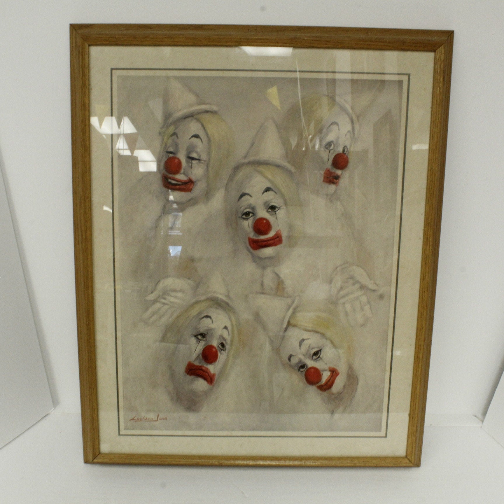 Vintage Barry Leighton-jones 1976 Framed Art of Five Clowns 24.25