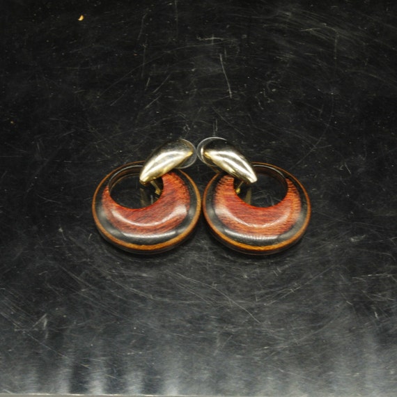 Vintage Wood Lacquered Circle Post Clip Earrings … - image 2