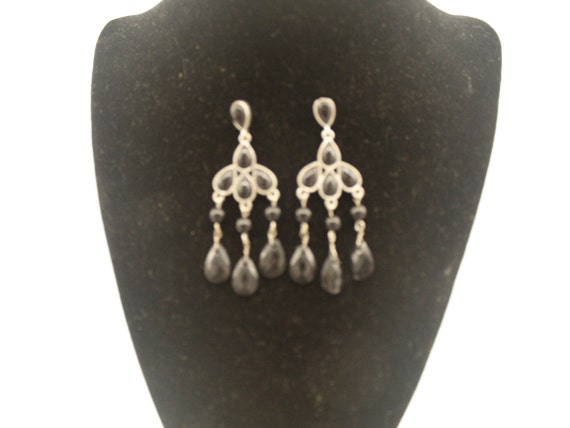 Vintage Black & Silver tone Acrylic Beads Chandel… - image 1