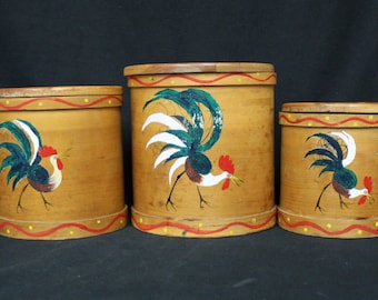 Vintage Ucago Painted Roosters Set of Three Wood Canisters (V3296)