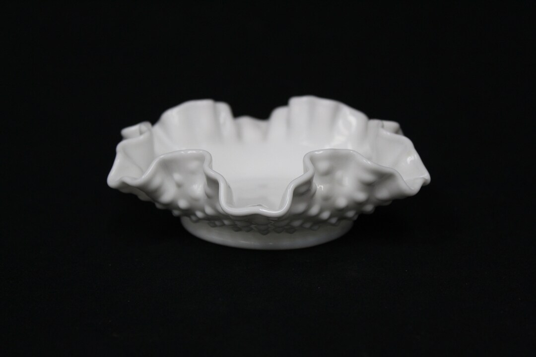 Vintage Fenton White Hobnail Ruffled Edge Milk Glass Candy Dish (V6181 ...
