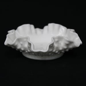 Vintage Fenton White Hobnail Ruffled Edge Milk Glass Candy Dish (V6181)