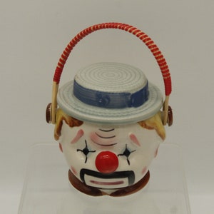 Vintage Clown Biscuit Jar with Blue Hat Choice Imports Japan Wrapped Lid Handle (V8850)