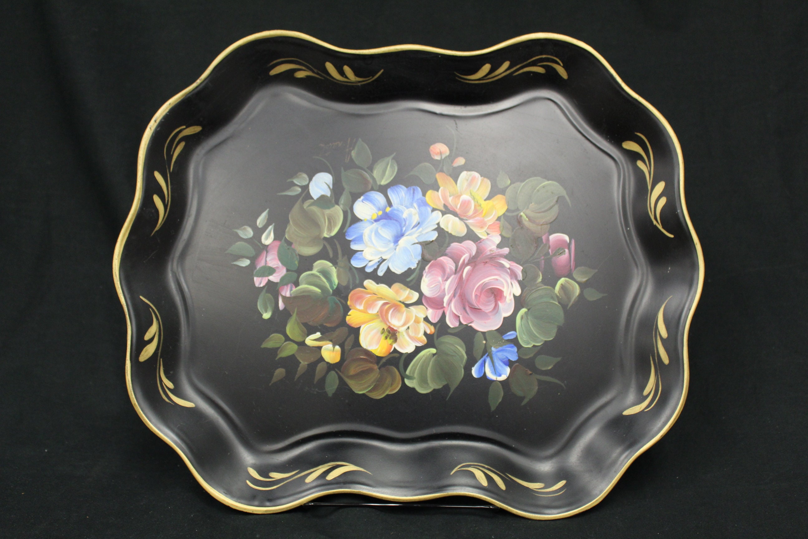 1960s Hand Paint 夜のフラワーガーデン ヴィンテージ トレー Vintage Nashco New York Hand Painted Metal Floral Tray (V3019) - Etsy