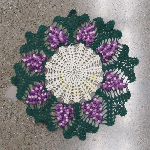 Vintage Purple and Green Hand Crocheted Round Doily (E10080)