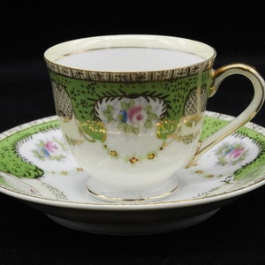 Vintage Demitasse Occupied Japan Green & Gold Teacup and Saucer (V7564)