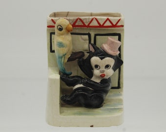Vintage Figaro Cat in a Pink Hat With Bird on Steps Japan Ceramic
