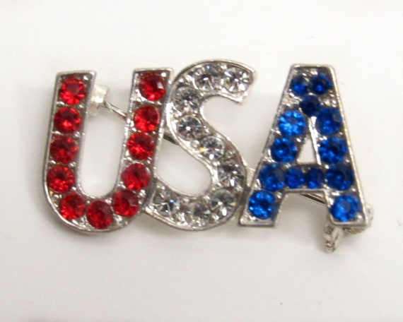 Vintage Rhinestone USA Patriotic Novelty Brooch (… - image 1