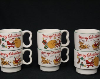 Vintage Merry Christmas Santa & Reindeer Ceramic Mugs, Set