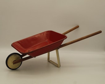 Vintage Wheelbarrow Child's Wood Handles Red Metal (V9930)