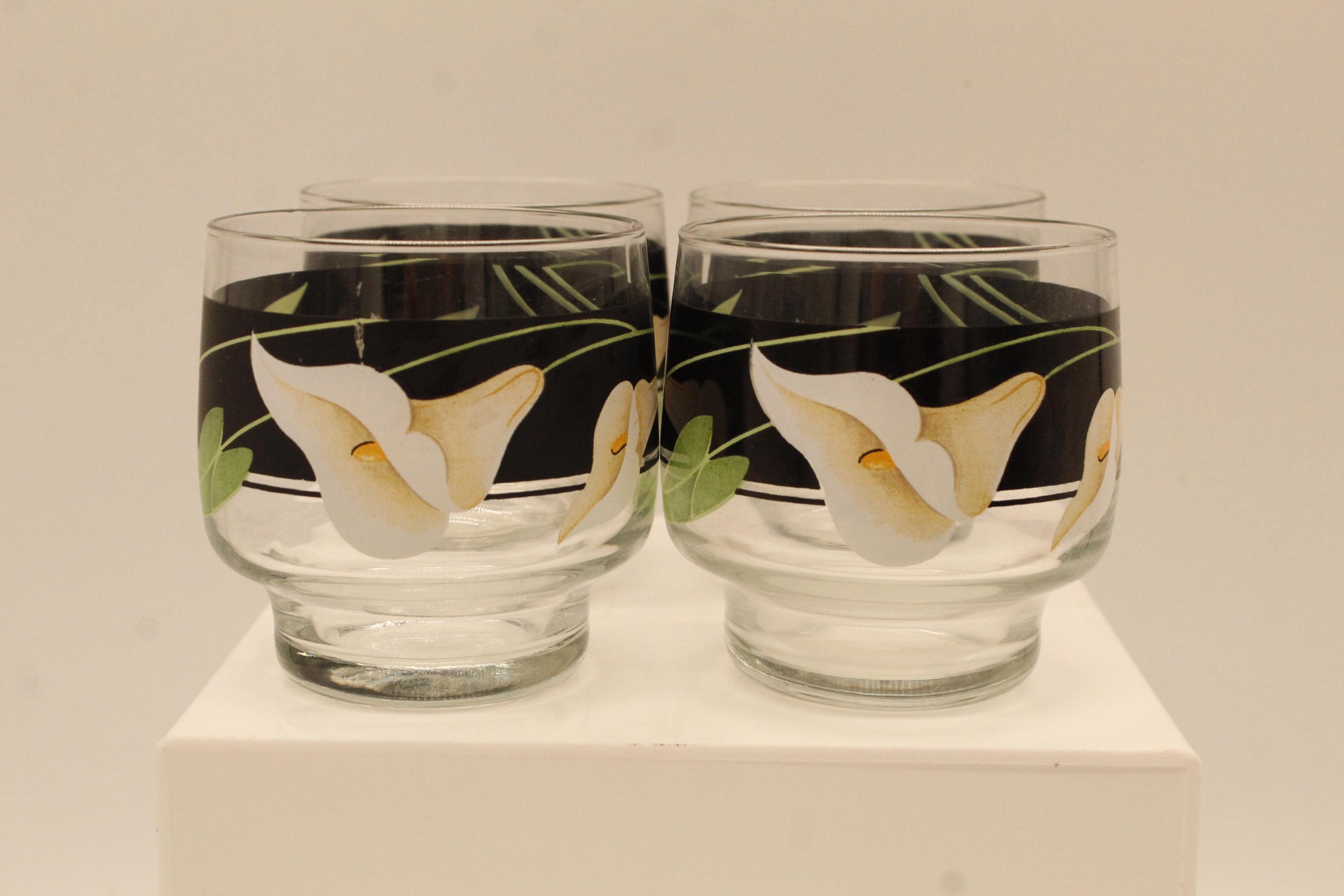 Vintage Sango Black Lilies Set of Four 8 Oz Glassware Old