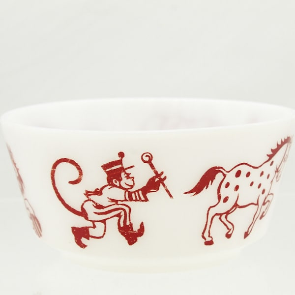 Vintage Rare Hazel Atlas Circus Red on White Milk Glass Bowl (V7296)