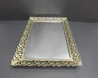 Vintage Ornate Goldtone Filigreed Edge Mirrored Vanity Tray (E10111)