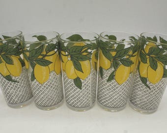 Juego de cinco vasos altos de acrílico Vintage Lemon & Lattice, años 80, EE. UU. (S4182)
