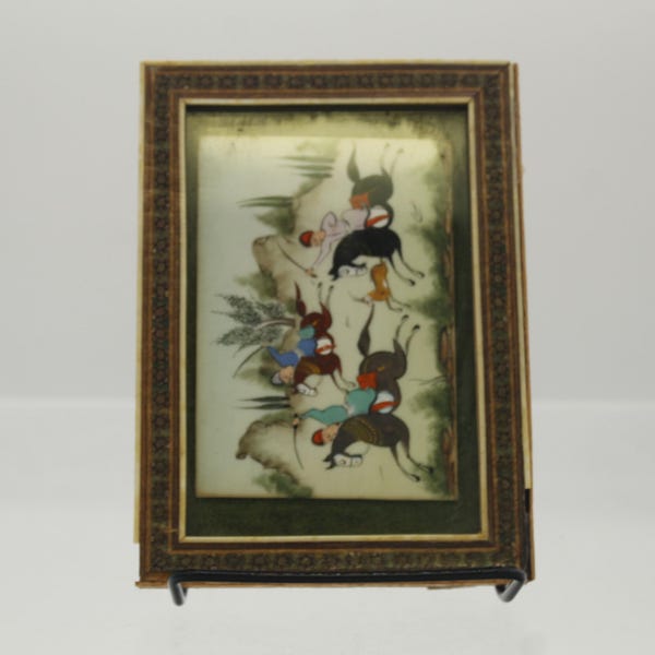 Vintage Persian Khatam Polo Players 4x6 Equestrian Hand Painted Signed Picture in Frame (S1030)