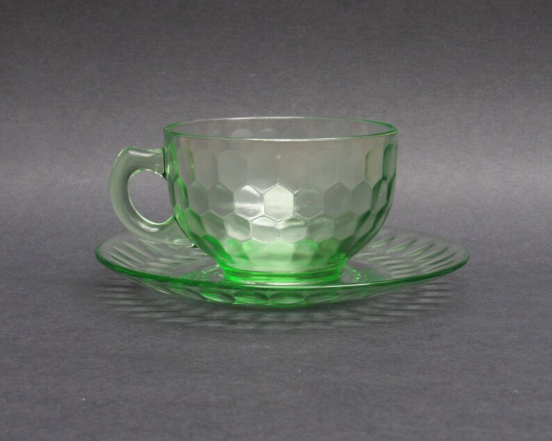 Vintage Green Depression Glass Cup and Saucer With Bubble Etsy