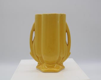 Vintage McCoy Art Deco Decorative Loop Handled Vase Bright Yellow Glaze (S4528)