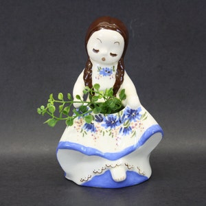 Vintage DeLee &#39;Nina&#39; Figural Planter With Long Brown Braids and Floral Dress (E1664)