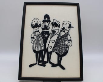 Vintage Barber Quartet Crewel Hand Stitched Black on White Fabric Framed Blackwood (S4491)