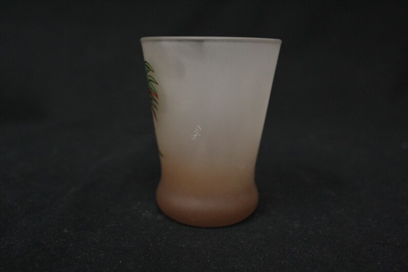 May include: A frosted glass shot glass with a brown ombre effect and a painted design of a palm tree with red and green leaves.
