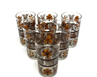 Vintage Mid Century Modern Brown & Orange Floral Juice Glasses 5 Oz Volume Set of Six (E3884)