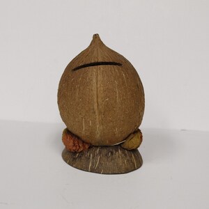 Vintage Coconut Head Tiki Penny Bank with Paper Lei E5430 image 7