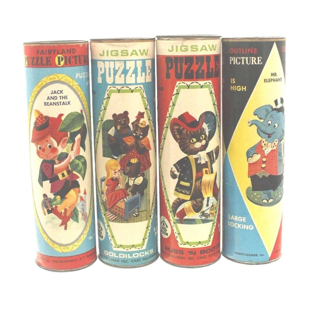レトロ缶4缶セット Vintage Harett Gilmar Nursery Rhyme Set of Four 1950s Puzzle Tins