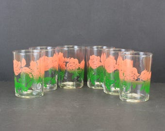 Vintage Federal Glass Pink Rose Juice Glasses, Set of 6 (E8741)