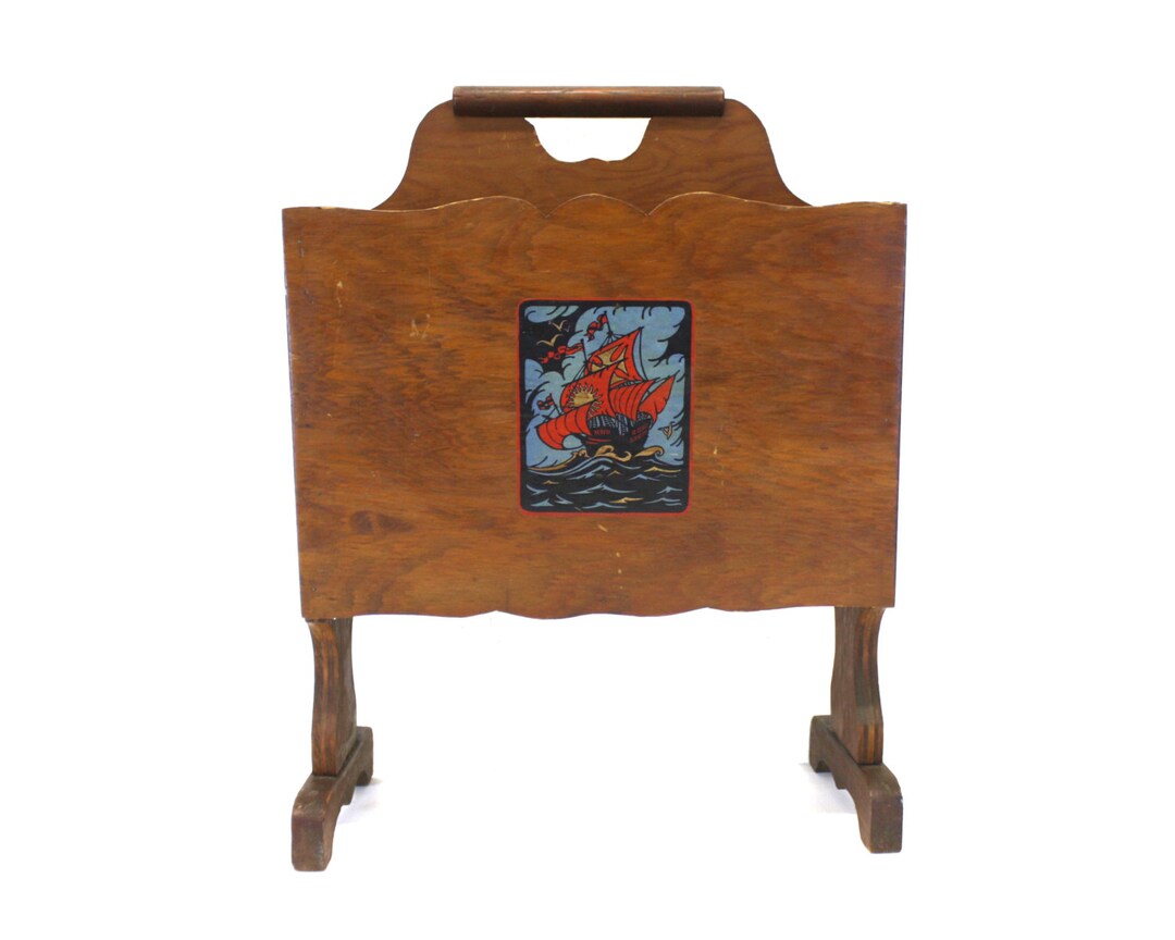 Vintage Footed Wood Magazine Rack With Ship Decals (E690) - Etsy