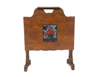 Vintage Footed Wood Magazine Rack with Ship Decals (E690)