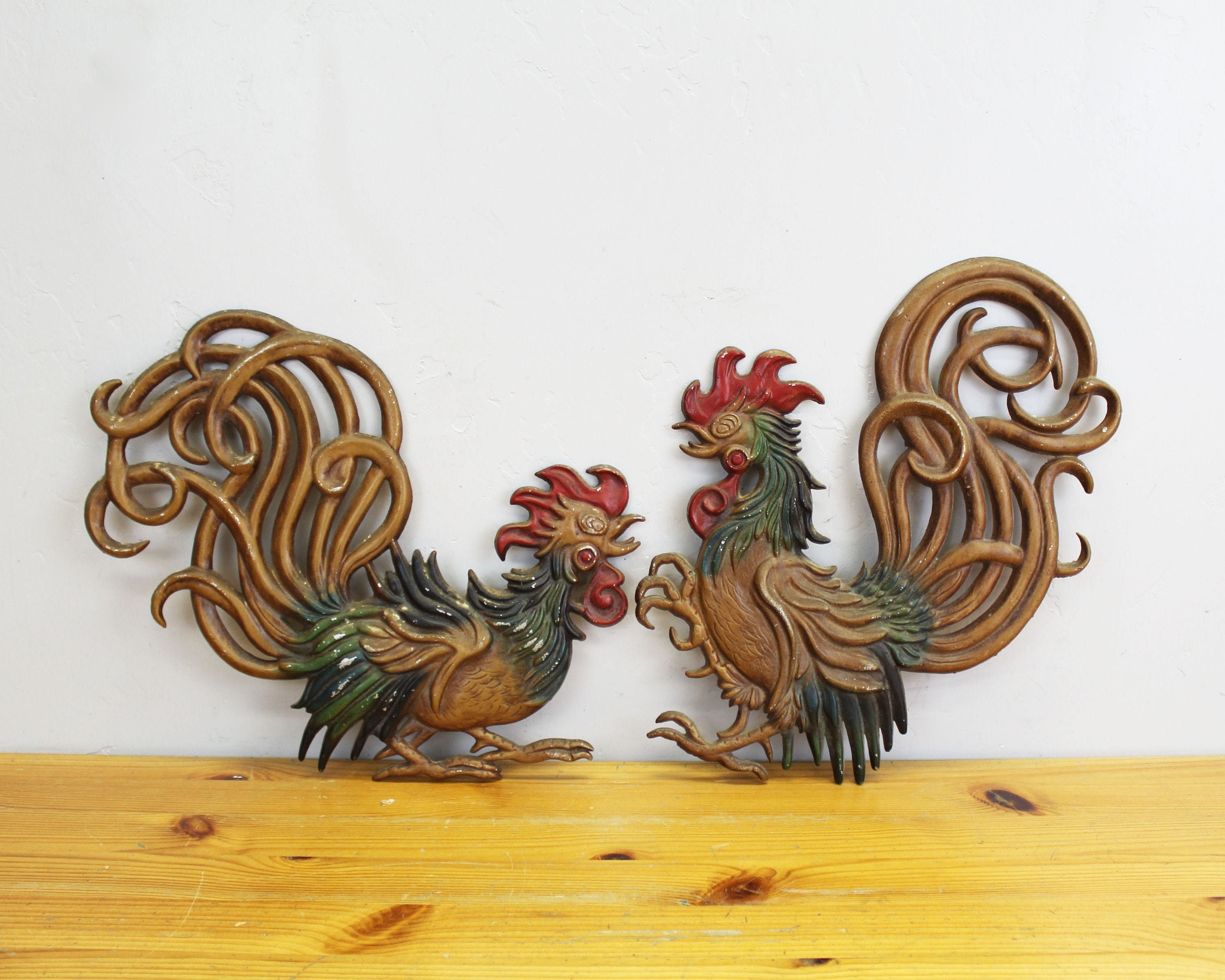 Vintage Vermay Cast Metal Roosters Set of Two Wall Plaques (E13263