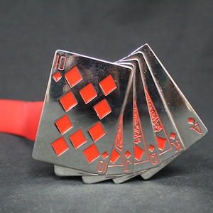 Vintage Red & White Checkered Belt w/ Metal Playing Cards Buckle (V2197)