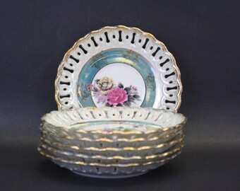 Vintage Pierced Edge Porcelain Set of Six Floral Bread & Butter Plates (E8717)