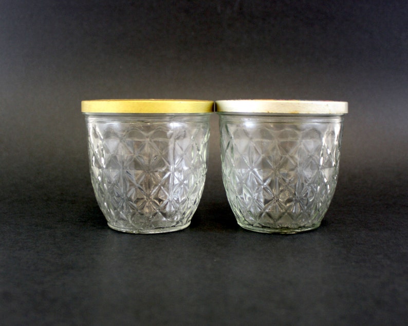 Vintage Quilted Glass Jelly Jars With Gold Fruit Tin Lids Set Etsy