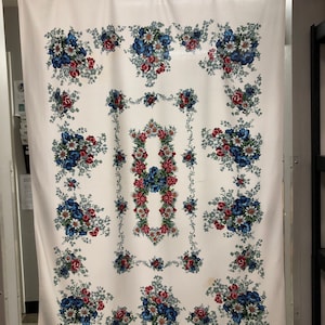 Vintage White 4.5&#39;x3.5&#39; Table Cloth with Pink, Blue, and White Flowers (V6222)
