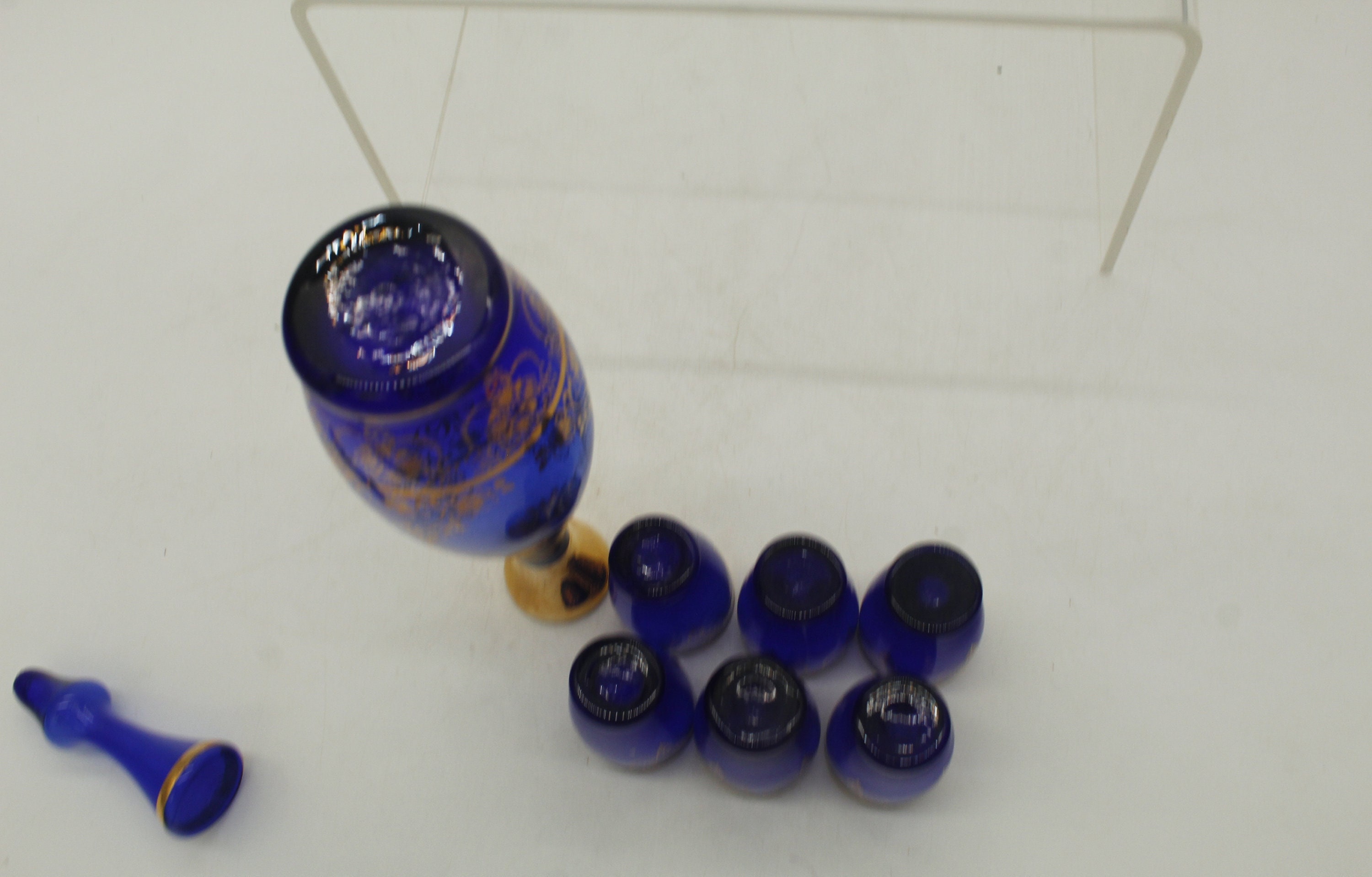 Vintage Cobalt Blue Murano Glass Decanter With Stopper and Six