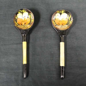 Vintage Russian Khokhloma Lacquered Wood Serving Spoons, Set Of 2 (V3652)