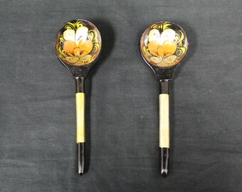 Vintage Russian Khokhloma Lacquered Wood Serving Spoons, Set Of 2 (V3652)