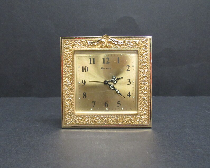 Vintage Bulova Square Ornate Goldtone Desk Clock E9851