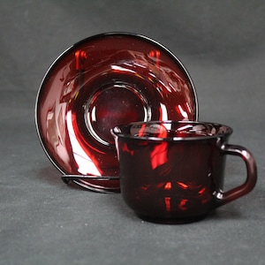 Vintage Ruby Red France Glass Cup and Saucer Set (V2046)