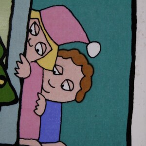 May include: A cartoon illustration of two children peeking around a corner. The child on the left is wearing a pink hat and a pink dress. The child on the right is wearing a blue shirt. The background is a green and blue color.