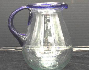 Vintage Cobalt Blue Rimmed Hand Blown Glass Pitcher (S2898)