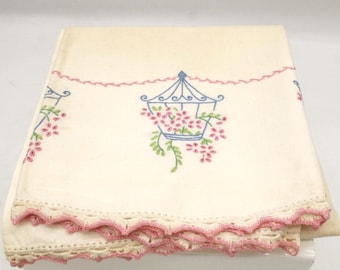 Vintage Art Deco Crocheted Lace Set of Two Pillowcases: Floral Cross Stitch (S3344)